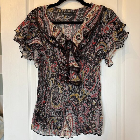 Sheer Paisley Ruffle Blouse Boho Tie-Front Top Size Medium - Picture 1 of 8